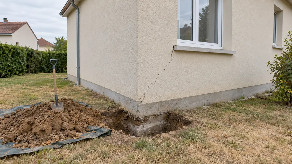 Angle d'un pavillon enduit des années 2000 après un été sec : une fissure en diagonale part de la fenêtre du rez-de-chaussée, et au pied du mur une fouille ouverte montre une semelle de béton très peu profonde dans l'argile