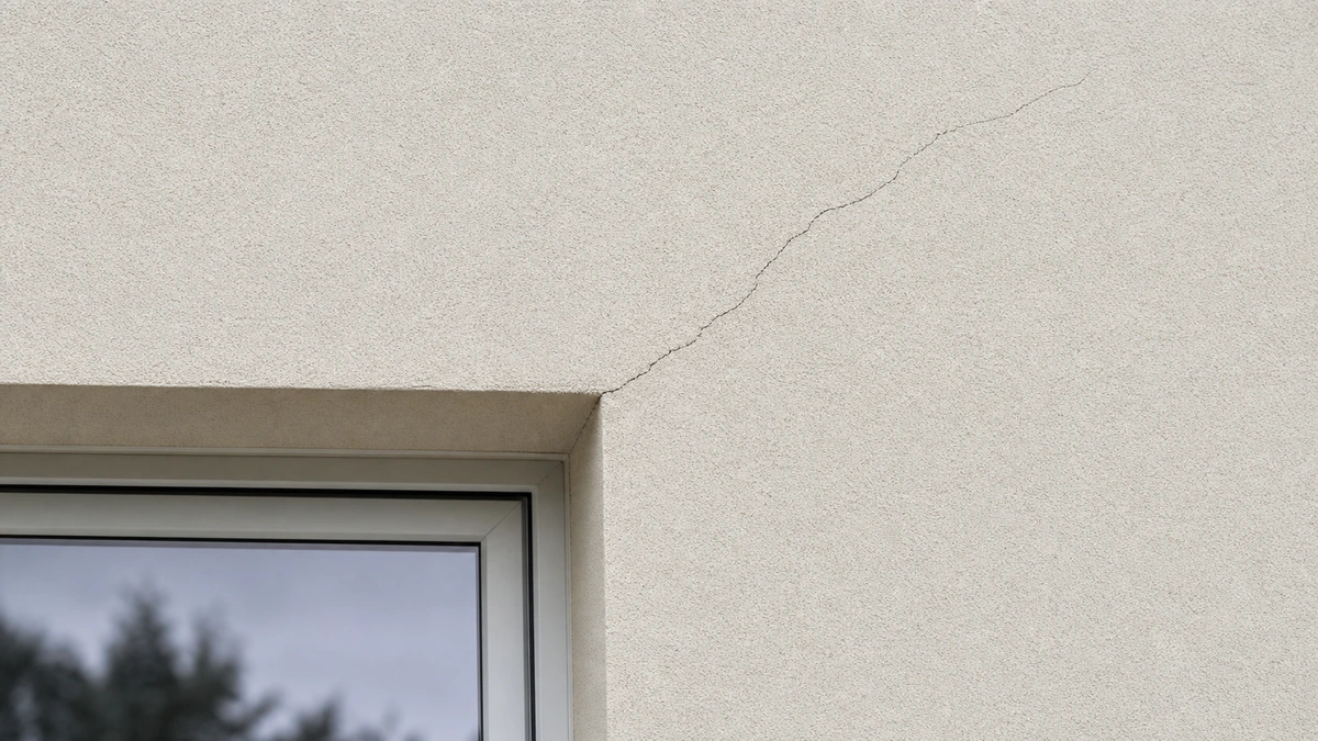 Gros plan sur une fissure diagonale en moustache partant de l'angle supérieur d'une fenêtre, sur une façade récemment isolée par l'extérieur.
