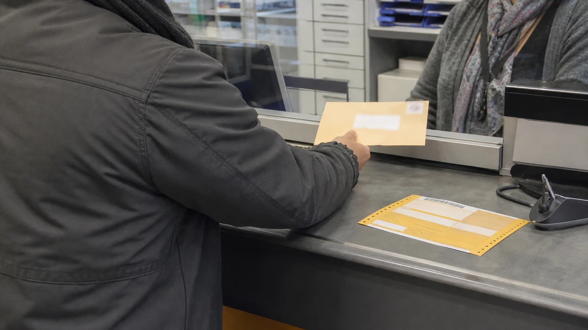 Une personne dépose un courrier recommandé avec accusé de réception au guichet d'un bureau de poste.