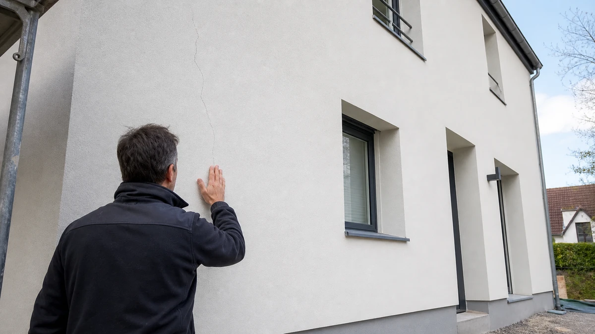 Un artisan examine de près une fissure sur l'enduit de finition d'une façade récemment isolée par l'extérieur