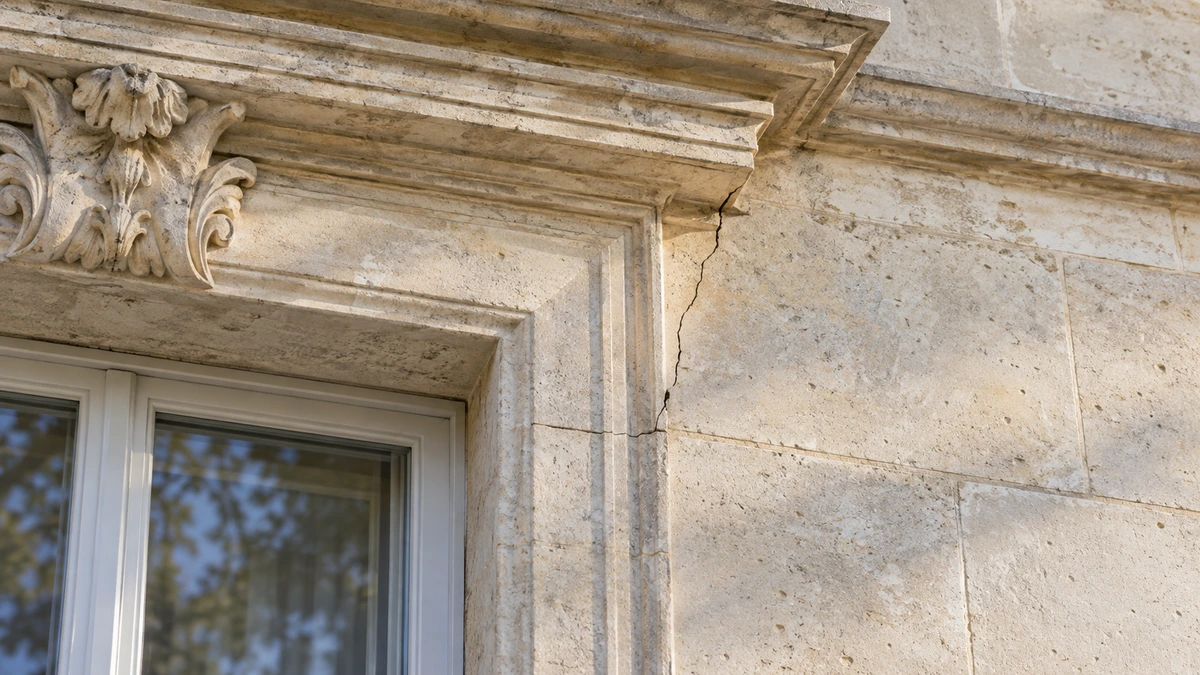 Façade classique en pierre de taille d'un immeuble ancien francilien protégé, avec une fissure fine visible près d'un encadrement de fenêtre sculpté, aucune personne dans le cadre