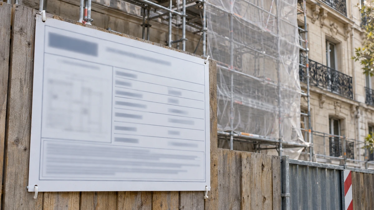 Panneau réglementaire de déclaration de travaux affiché sur la palissade d'un chantier d'échafaudage devant une façade ancienne en pierre de taille, aucune personne dans le cadre