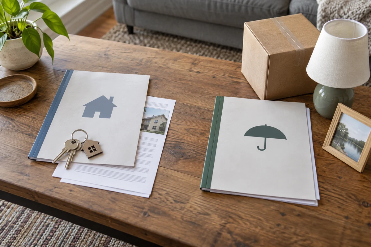 Deux contrats d'assurance séparés sur une table, l'un avec un bail et des clés pour le bailleur, l'autre avec un carton et une lampe pour le locataire.