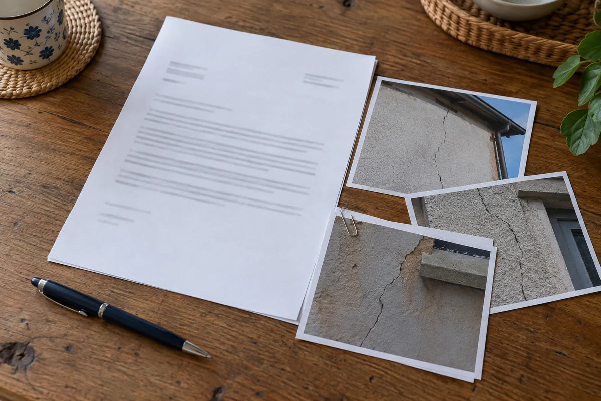 Courrier papier de signalement d'une fissure accompagné de trois photos de façade, d'un trombone et d'un stylo.
