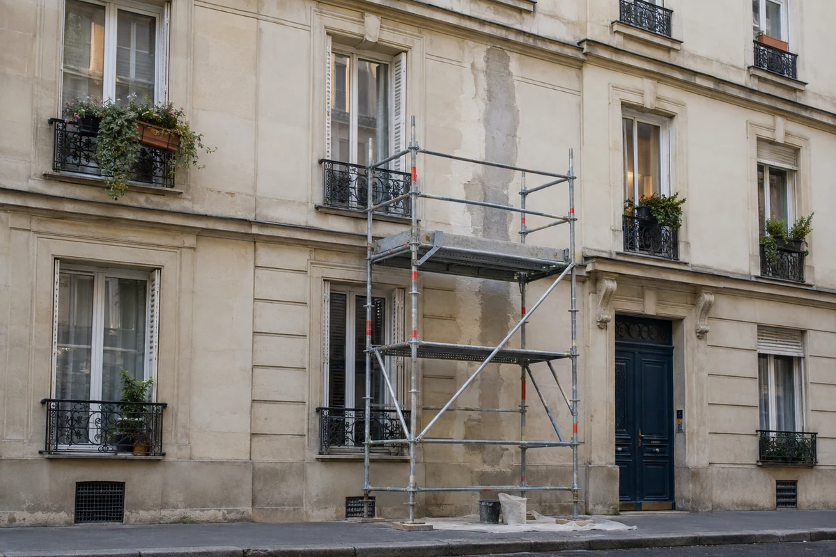 Échafaudage partiel devant une façade francilienne occupée, autour d'une reprise d'enduit localisée après réparation d'une fissure.