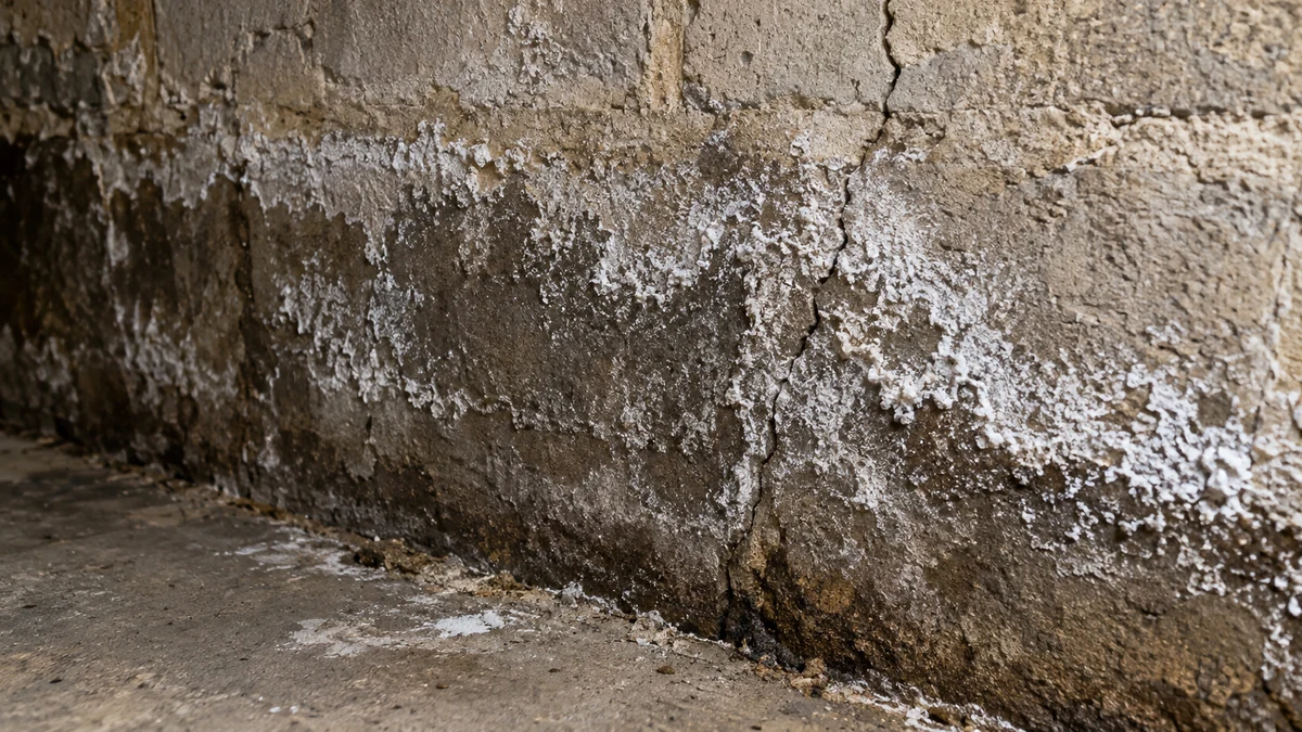 Auréoles d'humidité et dépôt blanc d'efflorescence saline sur un mur de cave enterré, aucune personne dans le cadre