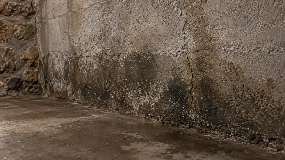 Mur de cave enterré en pierre ou parpaing avec des traces d'humidité et une fissure fine près du sol, aucune personne dans le cadre