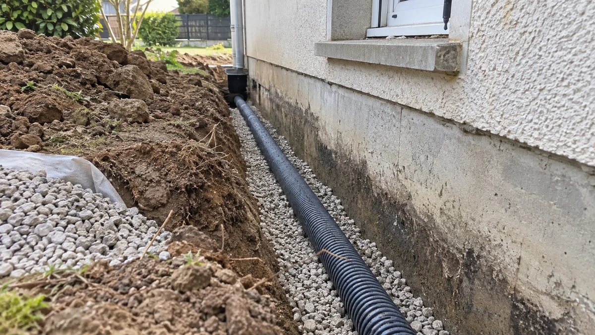 Tranchée de drainage périphérique avec gravier et tuyau posée au pied des fondations d'une maison, aucune personne dans le cadre