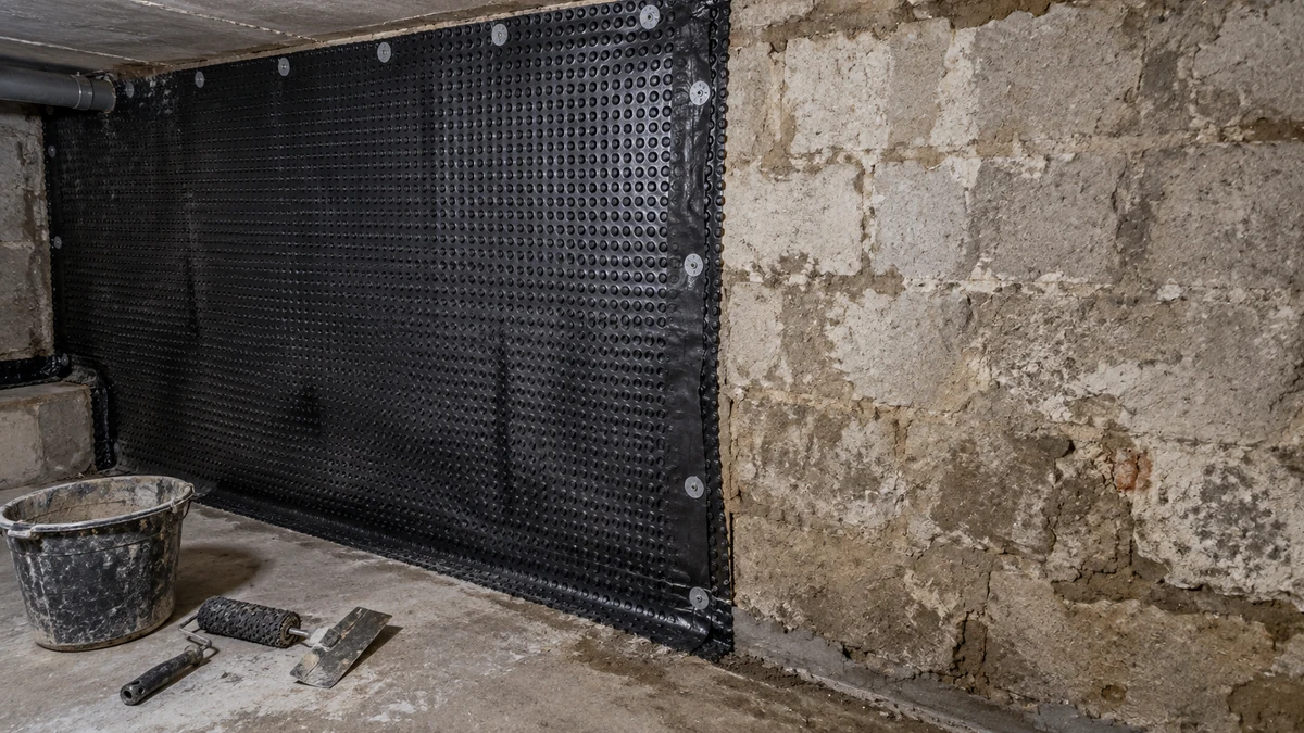 Membrane d'étanchéité de cuvelage appliquée sur un mur de cave enterré en cours de traitement, aucune personne dans le cadre
