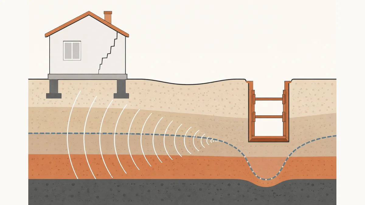 Illustration en coupe des trois mécanismes par lesquels un chantier public fissure une maison voisine : vibrations, rabattement de nappe et cuvette de tassement