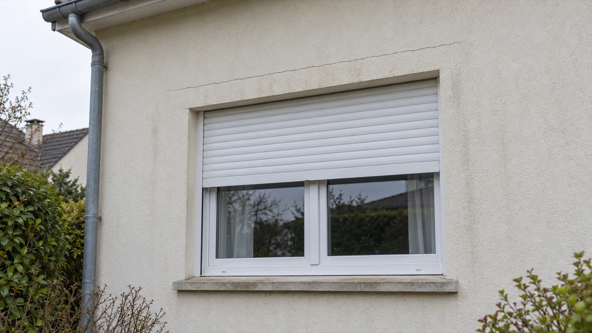 Façade enduite d'un pavillon, fenêtre avec volet roulant à moitié baissé : une fissure fine et horizontale court dans le crépi juste au-dessus du coffre, sur toute sa longueur