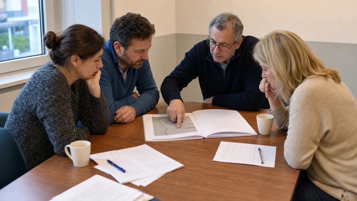 Quatre copropriétaires réunis autour d'une table consultant ensemble un rapport d'expertise ouvert montrant un schéma de fissure, avant le vote des travaux en assemblée générale