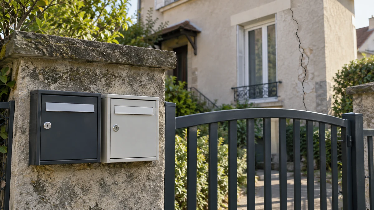 Boîtes aux lettres côte à côte devant une maison francilienne fissurée, aucune personne dans le cadre