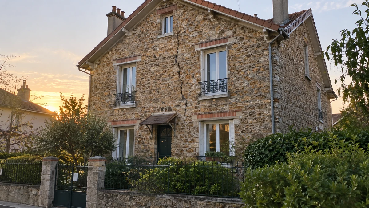 Façade de maison en pierre meulière francilienne présentant une fissure verticale, aucune personne dans le cadre