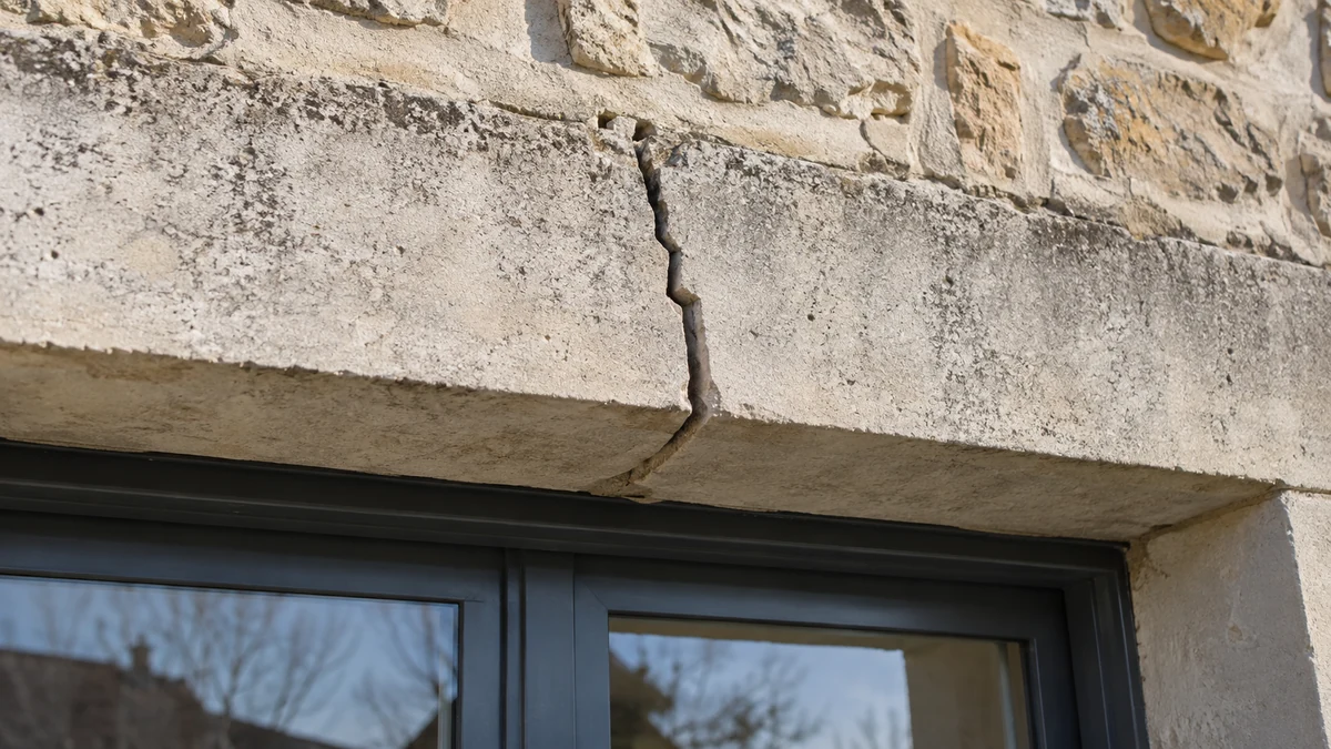 Fissure structurelle traversant un linteau ou un mur porteur en pierre, aucune personne dans le cadre