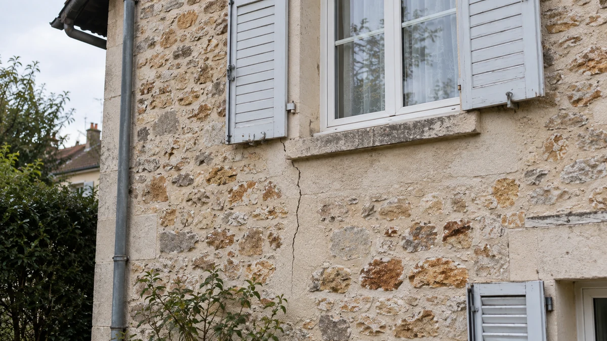 Façade de maison familiale francilienne en pierre meulière ou enduit avec une fissure verticale nette près d'une fenêtre, aucune personne dans le cadre