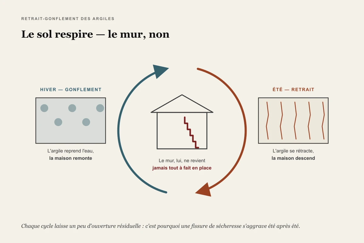 Schéma circulaire du cycle de retrait-gonflement des argiles : en été l'argile se rétracte et la maison descend, en hiver elle reprend l'eau et la maison remonte, mais la fissure du mur ne se referme jamais complètement