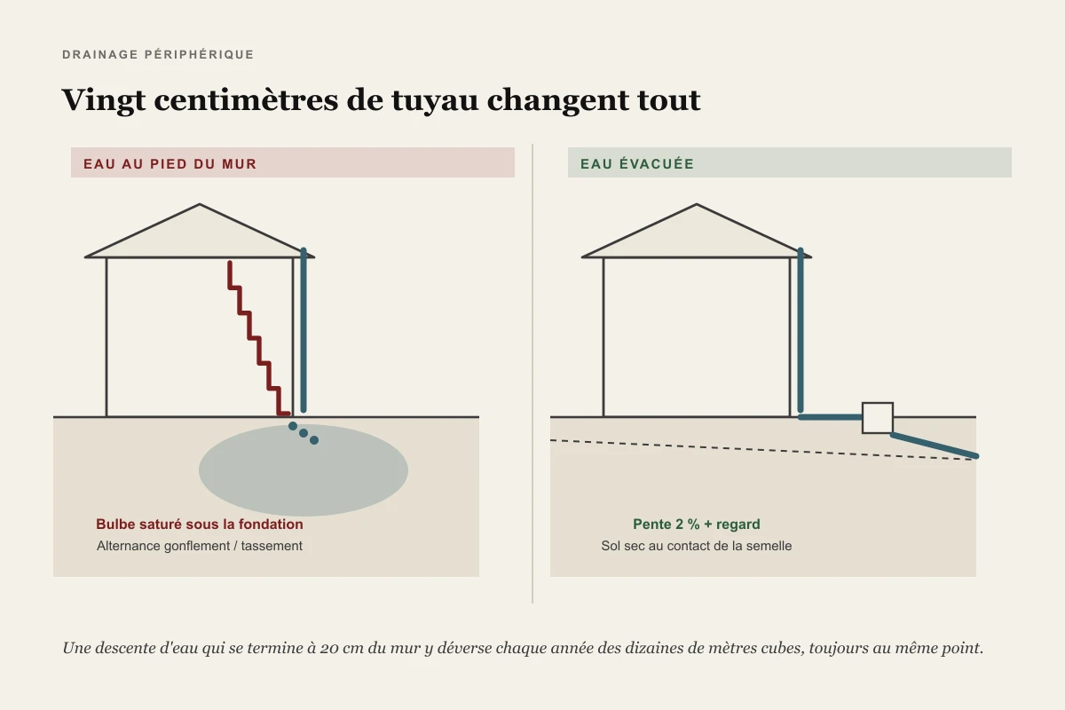 Comparaison de deux situations : à gauche une descente d'eau pluviale qui déverse au pied du mur et sature le sol sous la fondation en provoquant une fissure, à droite la même descente raccordée à un regard avec une pente d'évacuation qui éloigne l'eau