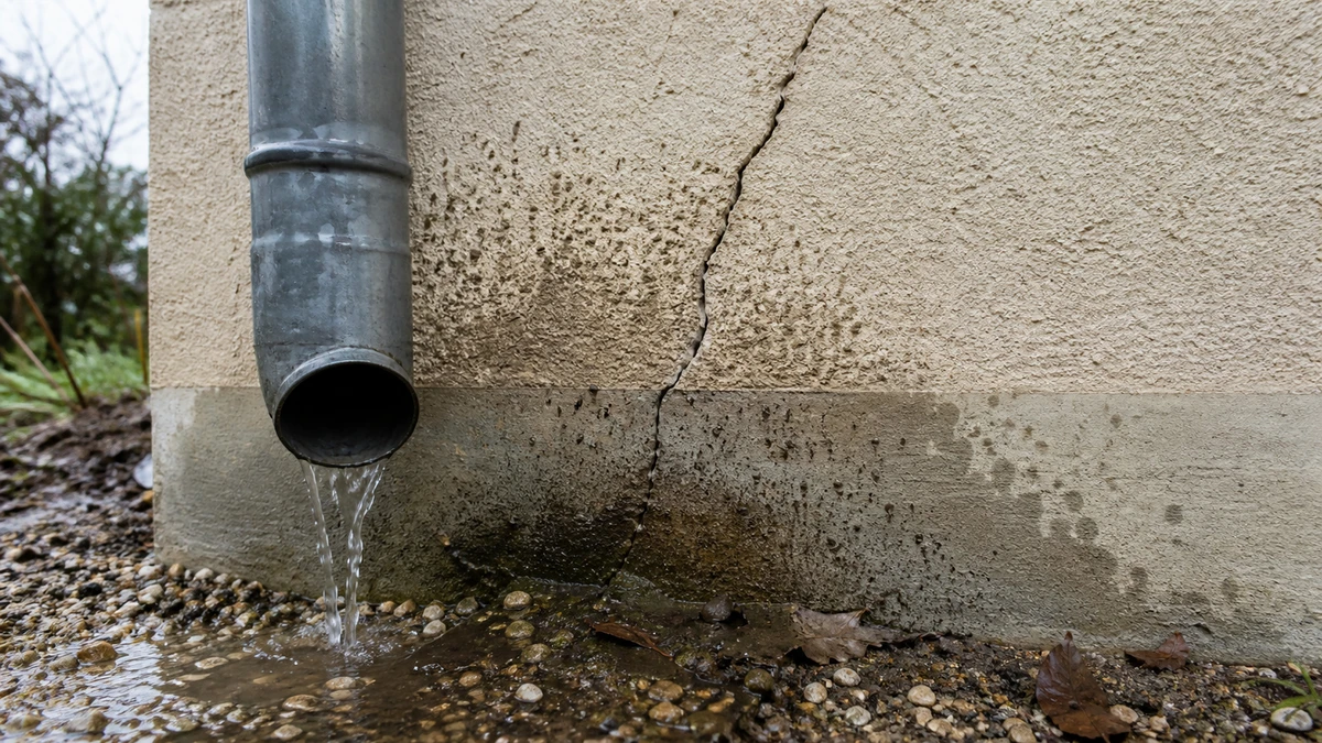 Descente d'eau pluviale en zinc qui déverse directement sur le gravier au pied d'un mur, flaque et soubassement gorgé d'humidité, avec une fissure qui remonte du bas du mur juste au-dessus