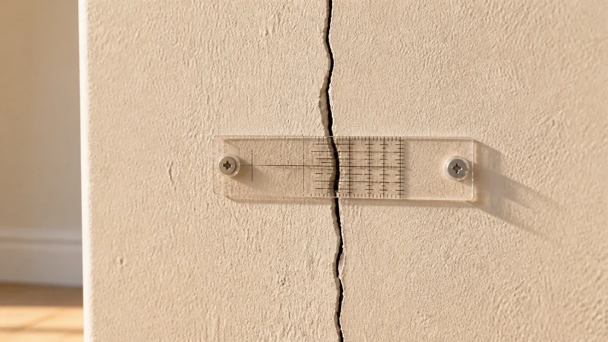 Fissure verticale sur un mur intérieur équipée d'un fissuromètre à plaques transparentes gradué, posé en travers pour mesurer si la fissure continue de s'ouvrir