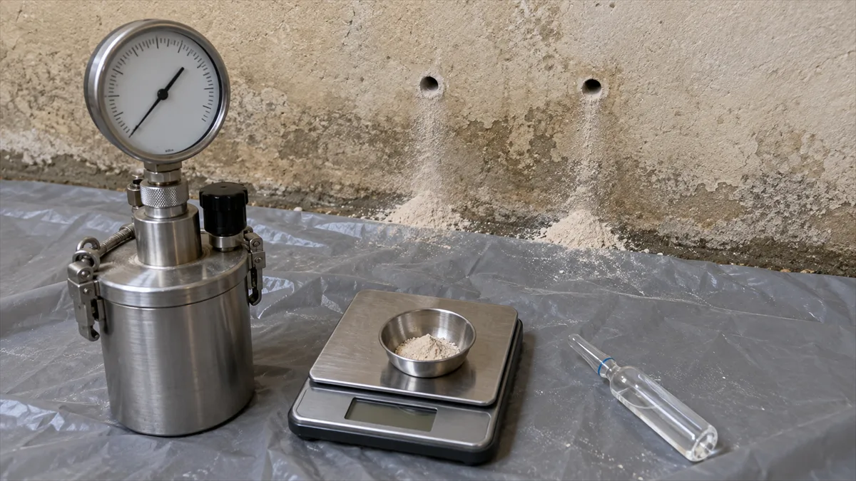 Carottage de prélèvement sur un mur humide et flacon de mesure au carbure posé à côté