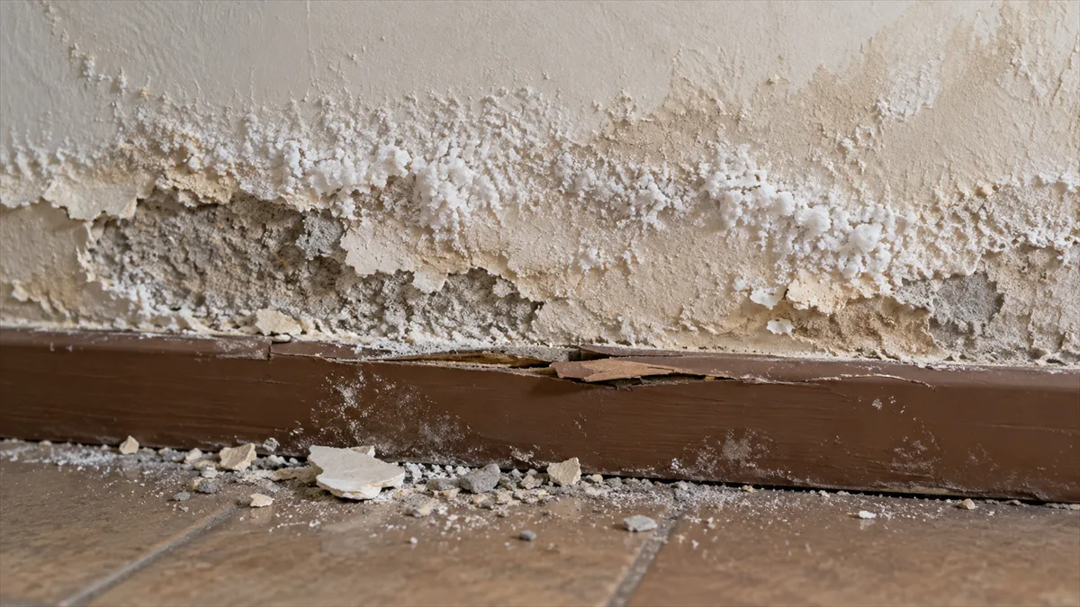 Bas de mur intérieur couvert de dépôts blancs de salpêtre, enduit cloqué et plinthe décollée