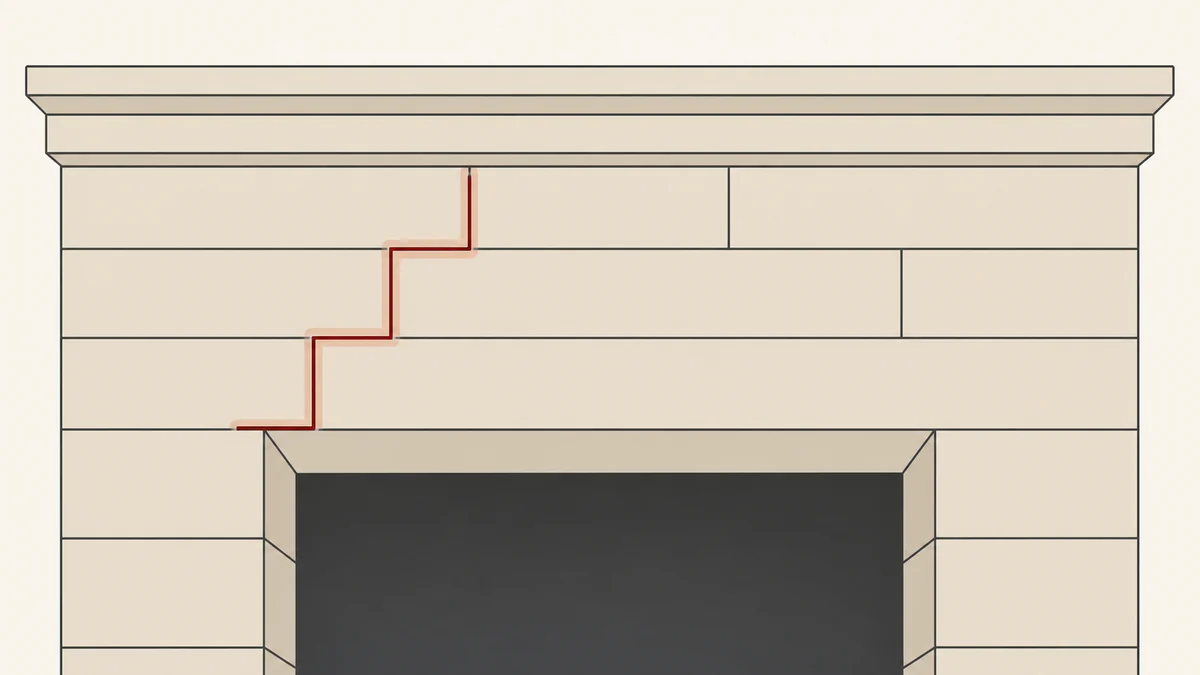Illustration graphique : fissure en escalier suivant les joints de la pierre de taille au-dessus d'une fenêtre d'immeuble haussmannien, avec les lits horizontaux et les montants de la baie mis en évidence