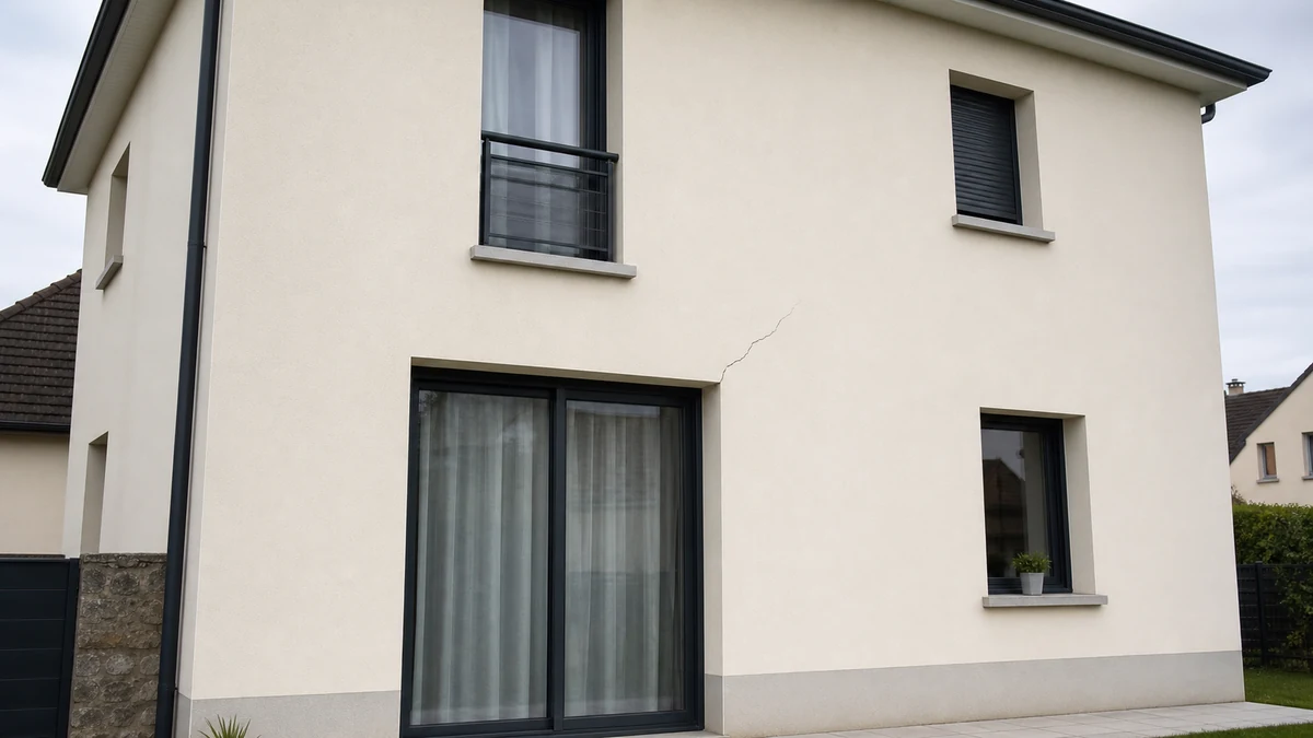 Façade d'un pavillon récent présentant une fine fissure diagonale au-dessus de l'angle d'une baie vitrée.