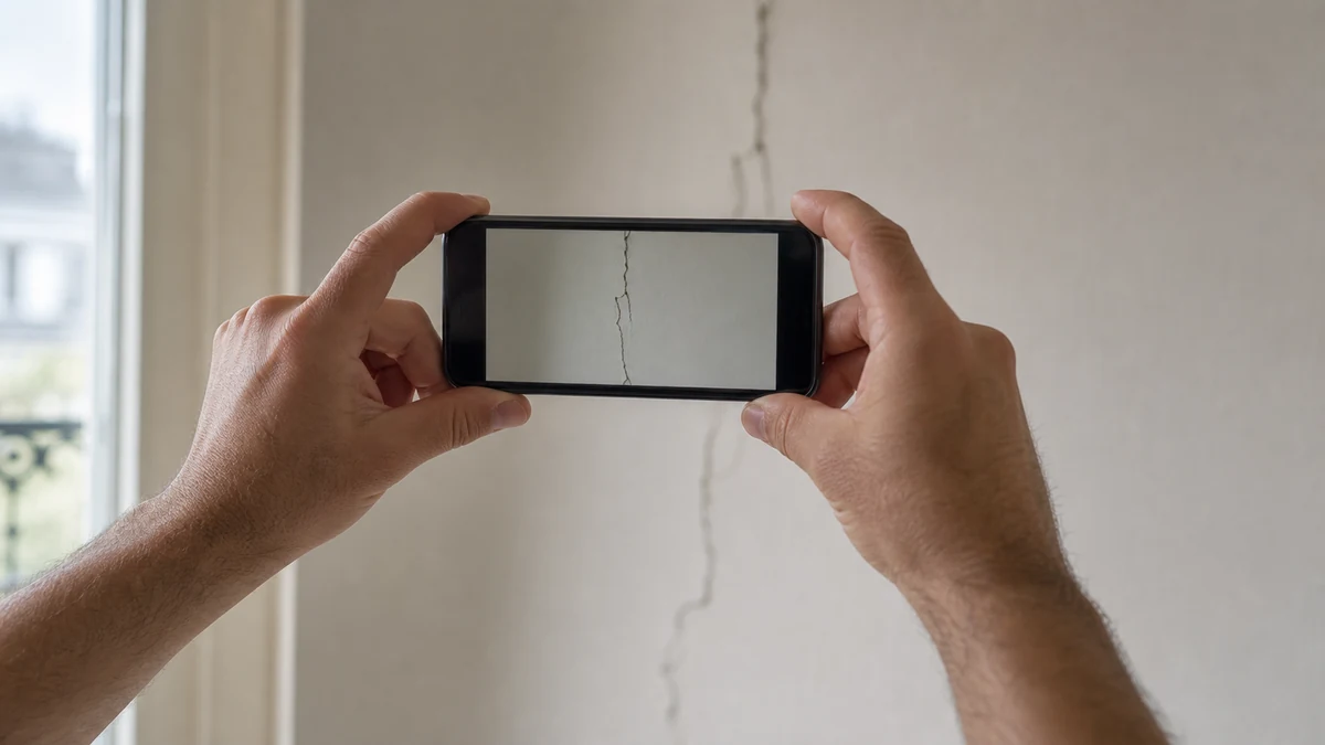 Des mains tiennent un smartphone pour photographier une fissure verticale sur un mur intérieur éclairé par la lumière du jour.