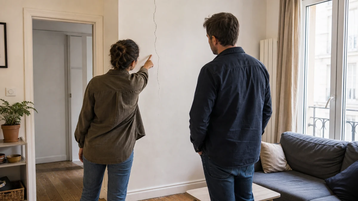 Deux personnes vues de dos observent une fissure verticale dans le mur d'un salon de logement loué, l'une la montrant du doigt
