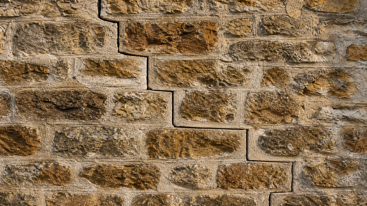Fissure en escalier sur un mur en pierre meulière d'une maison ancienne, révélant le mortier entre les moellons