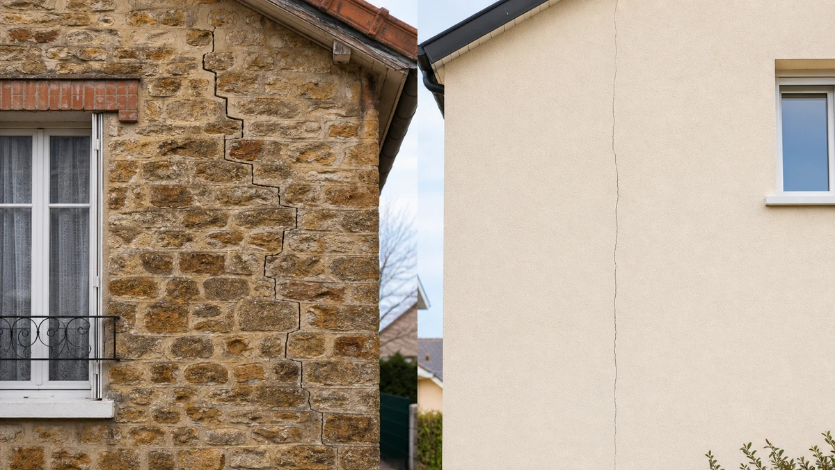 Contraste entre un mur en pierre meulière fissuré d'un pavillon ancien et la façade enduite fissurée d'une maison neuve