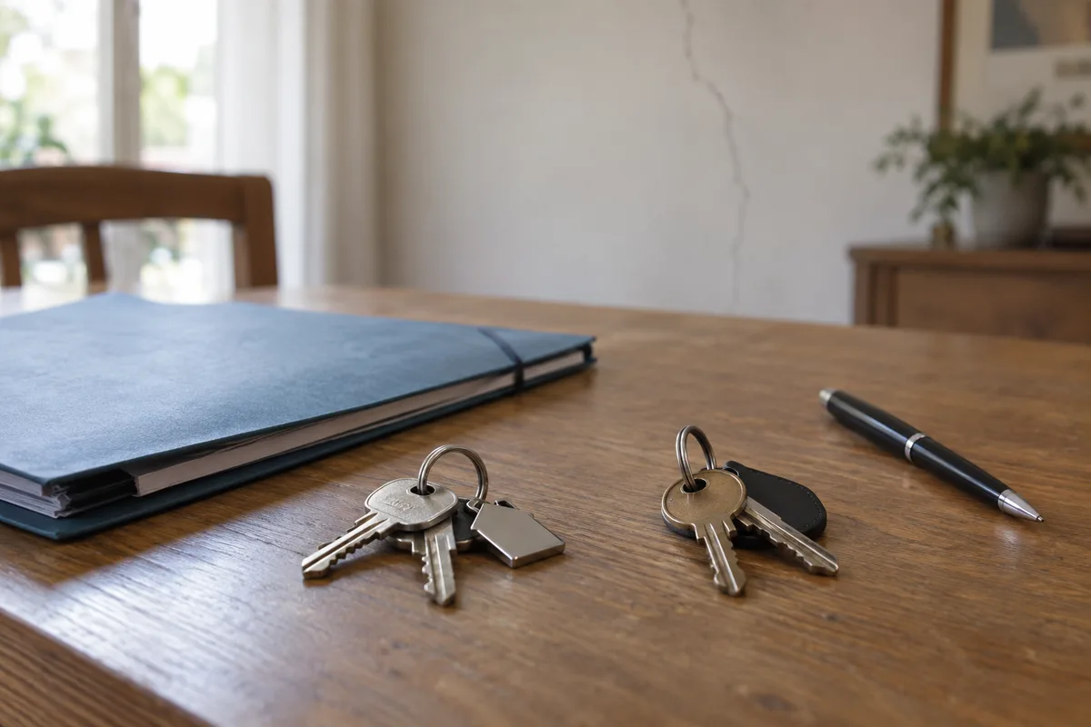 Deux jeux de clés et un dossier de documents posés sur une table, mur fissuré flou en arrière-plan
