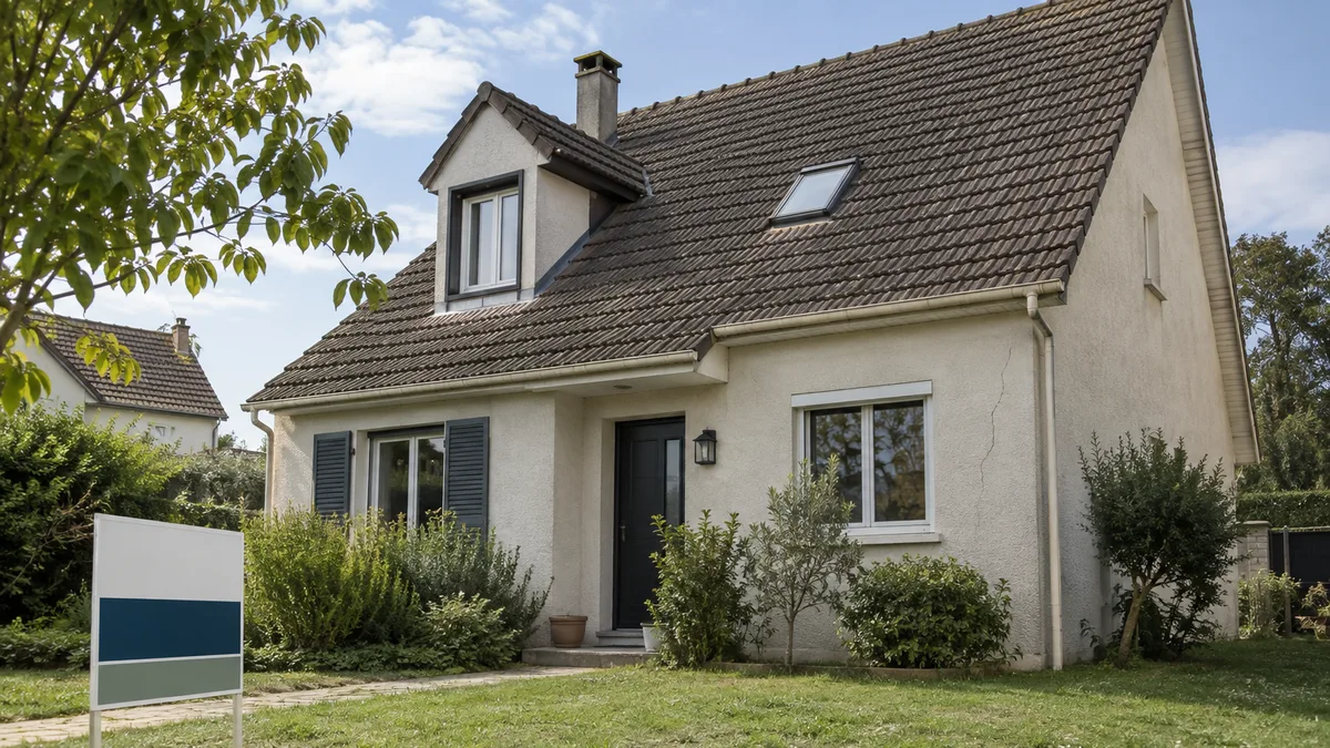 Pavillon francilien avec un panneau à vendre planté dans le jardin devant la façade, fissure discrète visible près d'une fenêtre, aucune personne dans le cadre