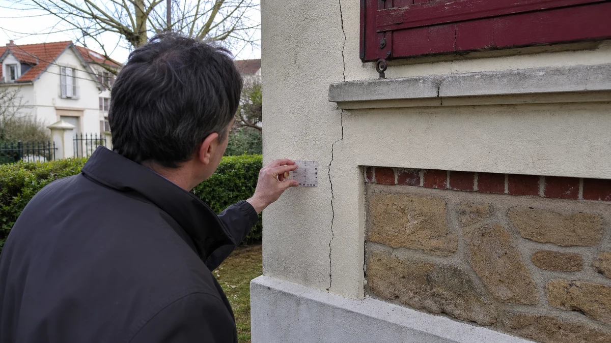 Un expert bâtiment mesure au réglet l'ouverture d'une fissure de façade sur un pavillon francilien, en vue d'un rapport d'expertise.