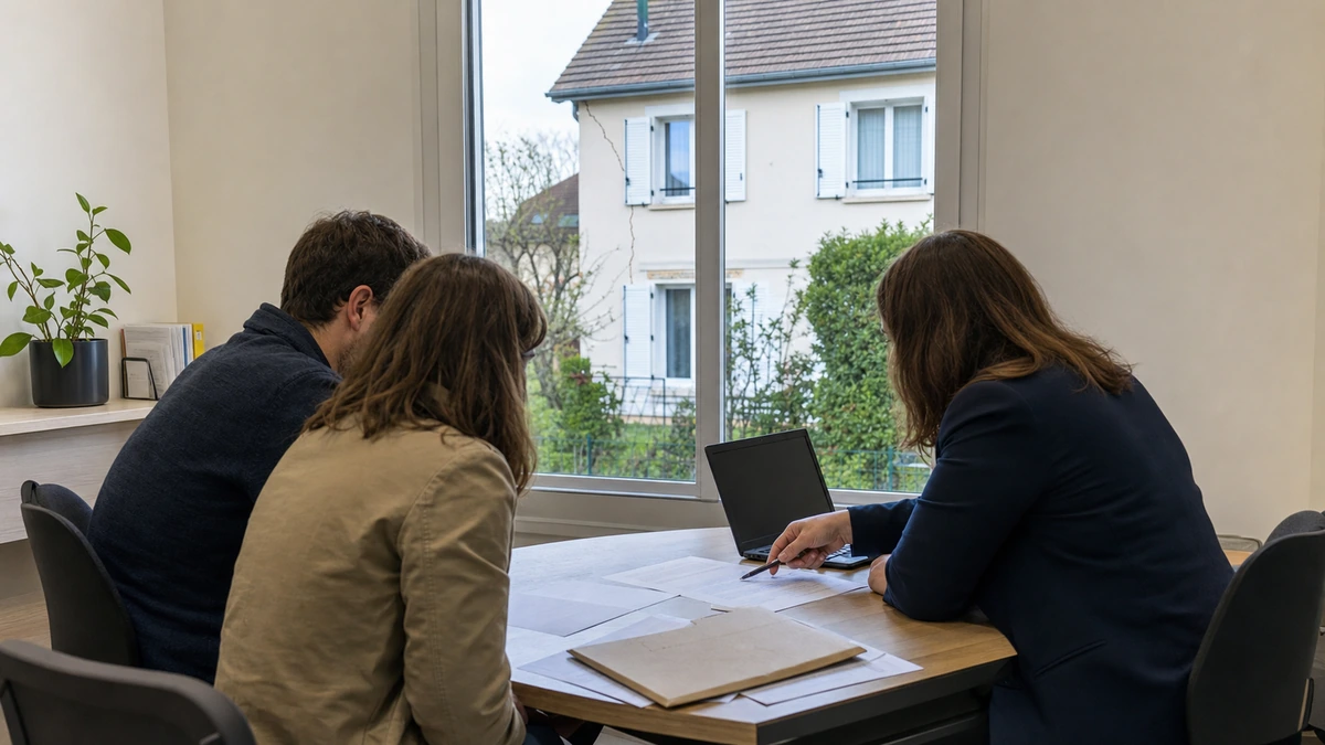 Un couple d'acheteurs et un conseiller bancaire examinent un dossier de financement sur une table, un pavillon francilien visible par la fenêtre