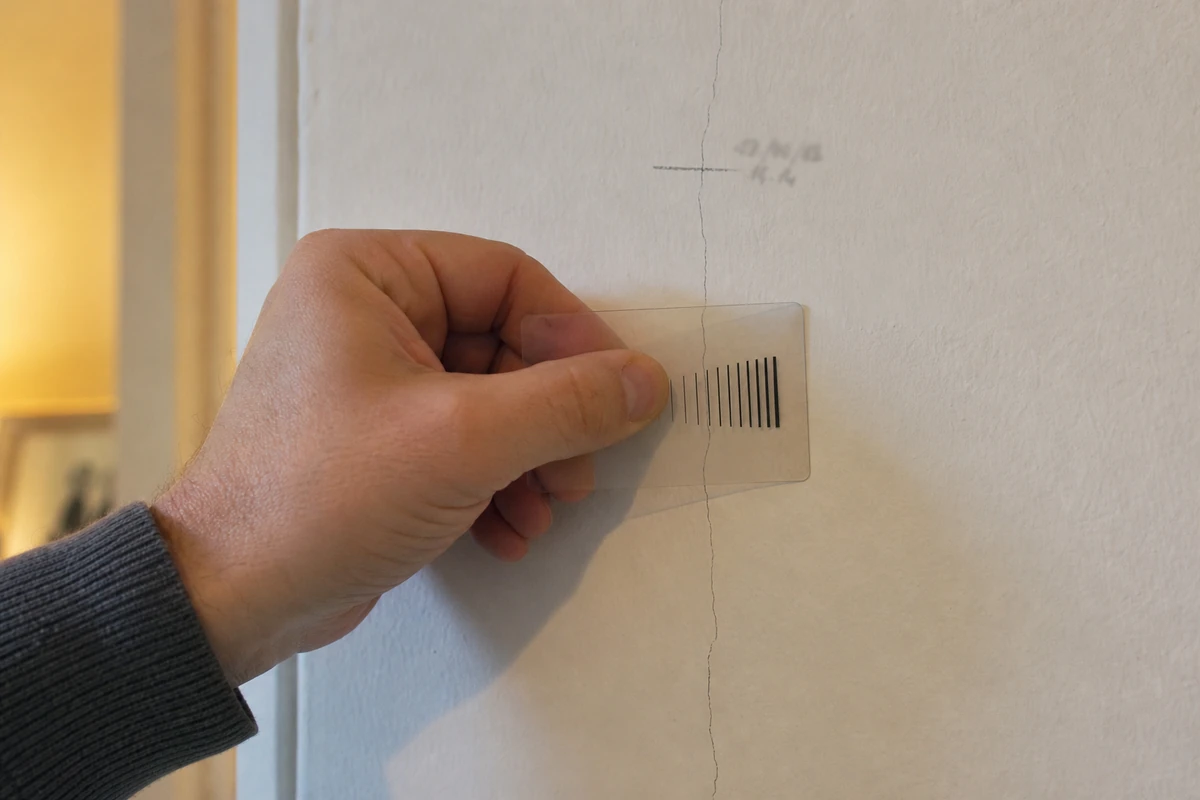 Jauge à fissures transparente posée contre une fissure de mur pour en mesurer la largeur en millimètres