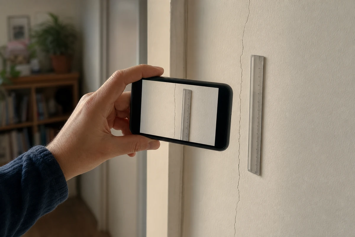 Main photographiant au smartphone une fissure de mur qui vient d'apparaître, avec une règle graduée pour l'échelle