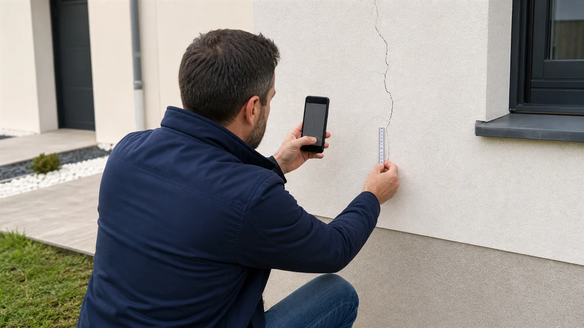 Un expert bâtiment examine et photographie une fissure sur la façade d'une construction récente