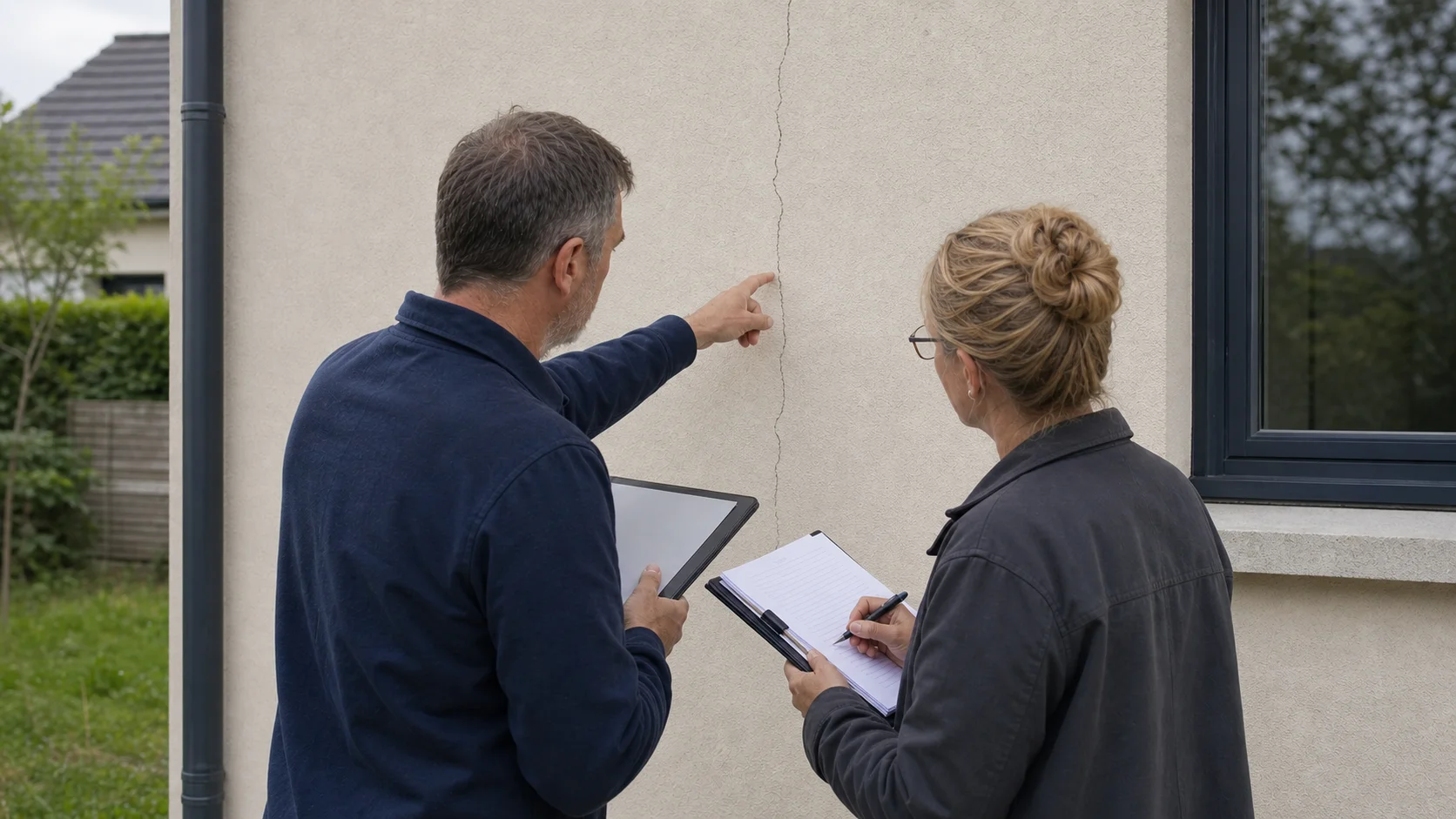 Deux experts bâtiment examinent ensemble une fissure lors d'une expertise contradictoire
