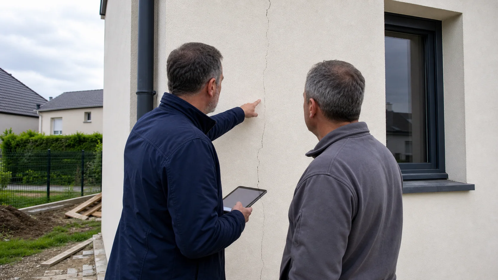 Un expert bâtiment échange avec un professionnel du secteur de la construction devant une façade de maison neuve fissurée