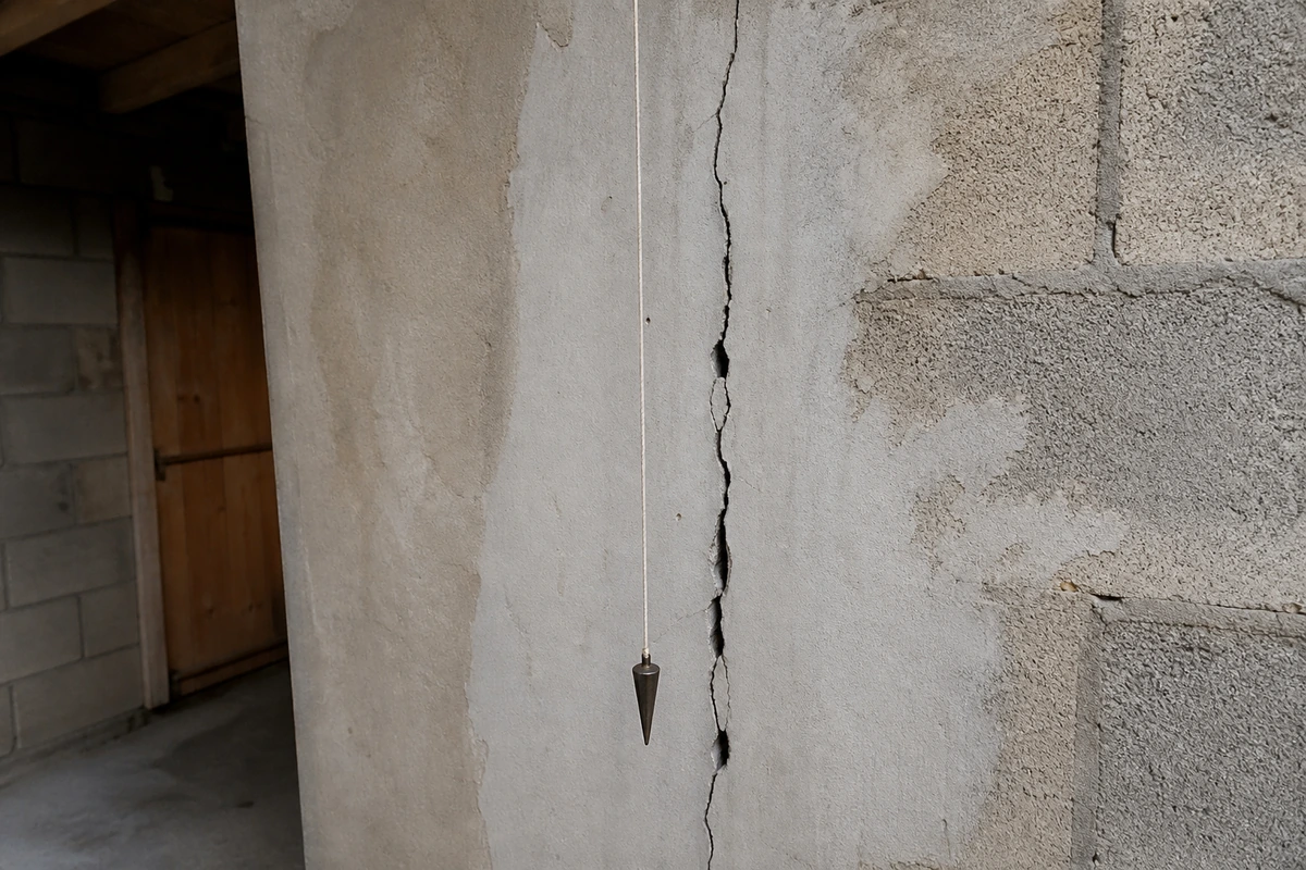 Fil à plomb suspendu contre un mur porteur en parpaing pour vérifier sa verticalité près d'une fissure