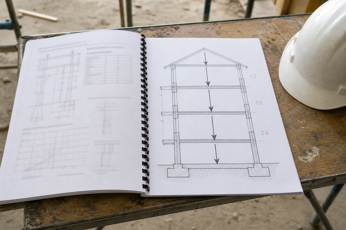 Rapport d'évaluation structurelle ouvert sur une table de chantier, avec un schéma de descente de charges annoté au crayon