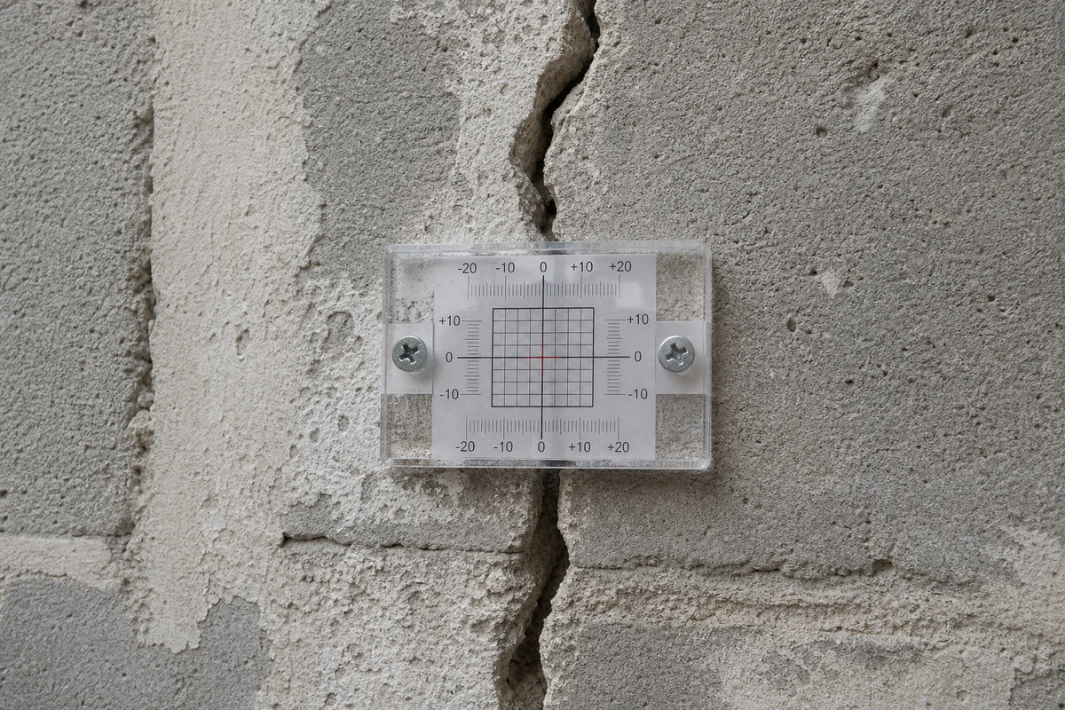 Fissuromètre à plaques fixé sur une fissure verticale d'un mur porteur en parpaing, avec les repères de mesure alignés