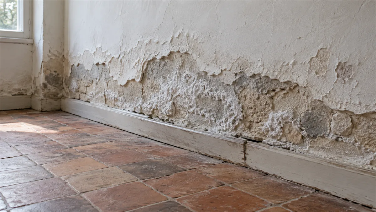 Bas de mur intérieur en pierre enduite, enduit cloqué et auréole blanchâtre de salpêtre sur les trente premiers centimètres, plinthe décollée, aucune personne dans le cadre