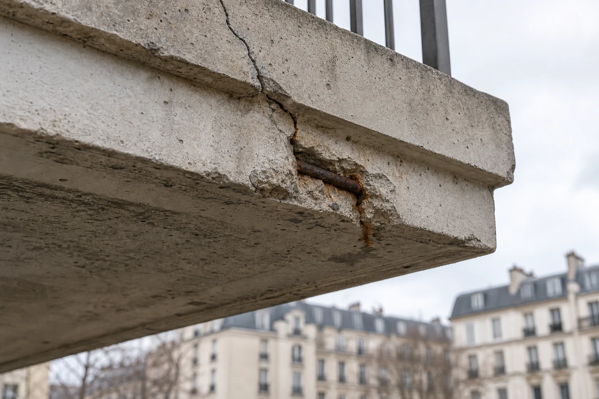 Fissure sur la sous-face d'une dalle de balcon avec début d'éclatement du béton laissant apparaître une armature