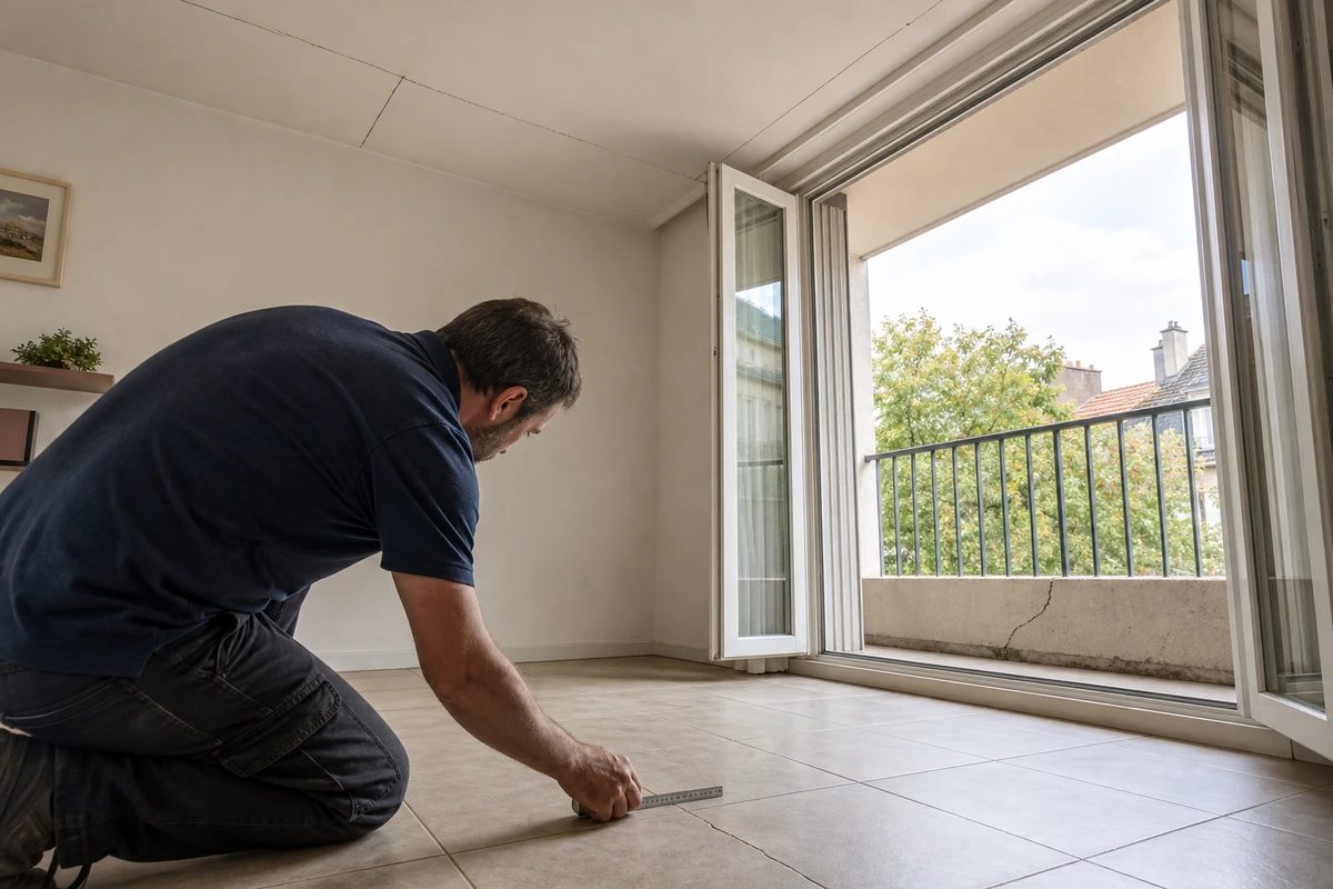 Vue en angle d'un plafond fissuré, d'un carrelage au sol fissuré et d'un balcon fissuré dans un intérieur francilien