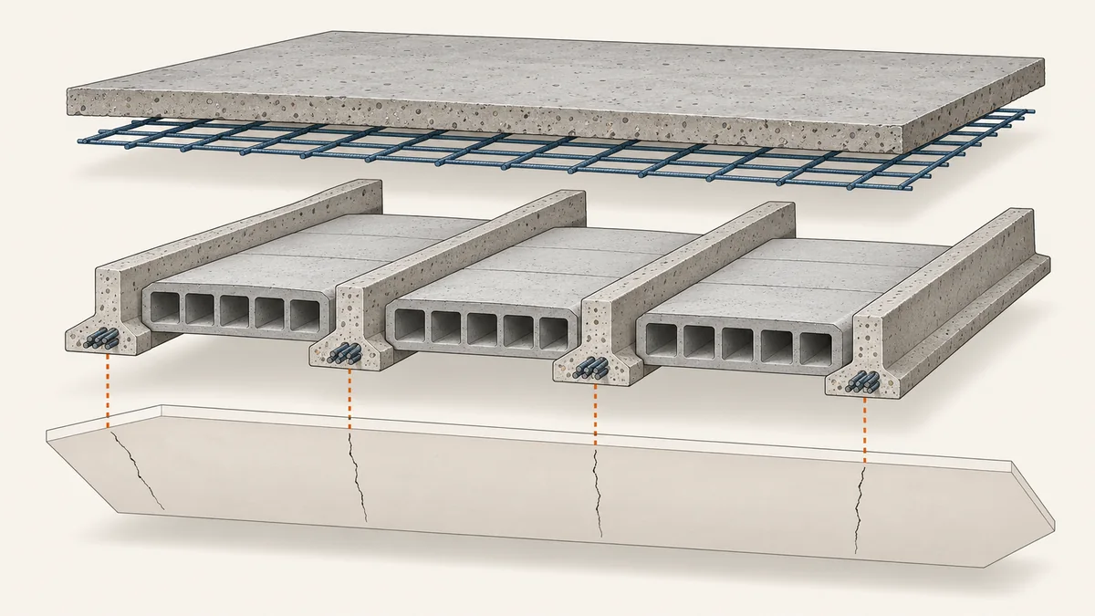 Illustration en vue éclatée d'un plancher hourdis : poutrelles en béton parallèles, entrevous alvéolés glissés entre elles, dalle de compression et son treillis au-dessus, et en dessous la couche de plâtre du plafond marquée de fines fissures exactement à l'aplomb de chaque poutrelle