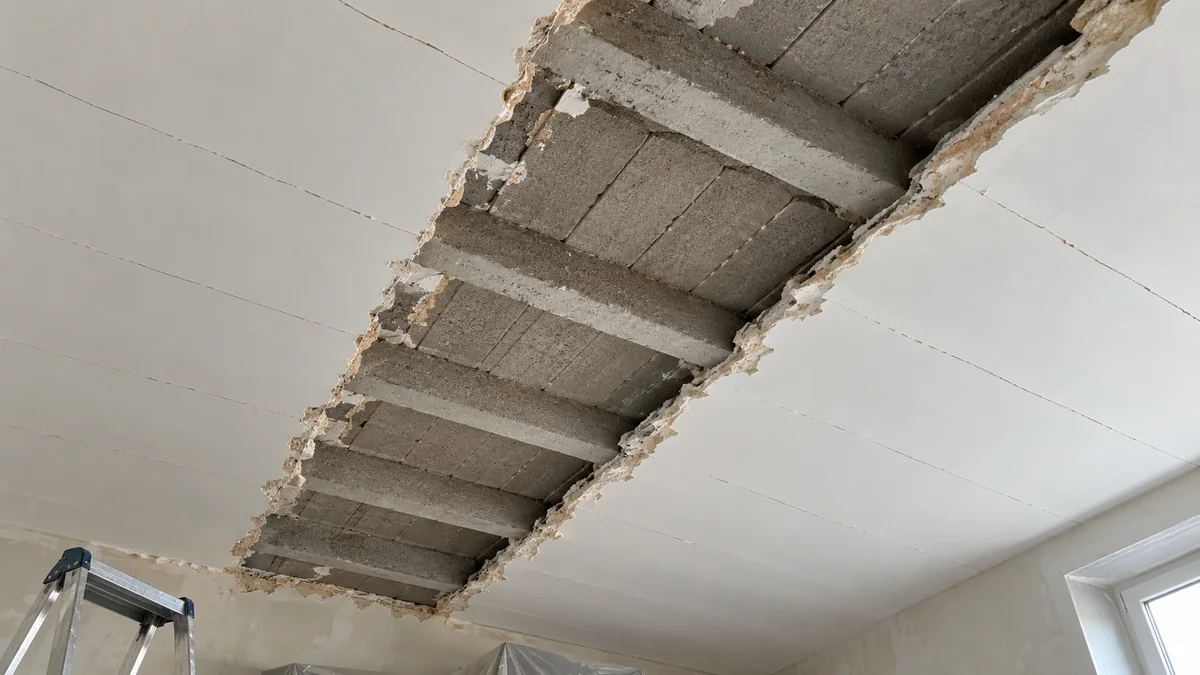 Plafond en rénovation dont une bande de plâtre a été retirée : on voit dessous les poutrelles en béton et les entrevous gris, et les fissures du plâtre restant tombent exactement dans l'alignement des poutrelles