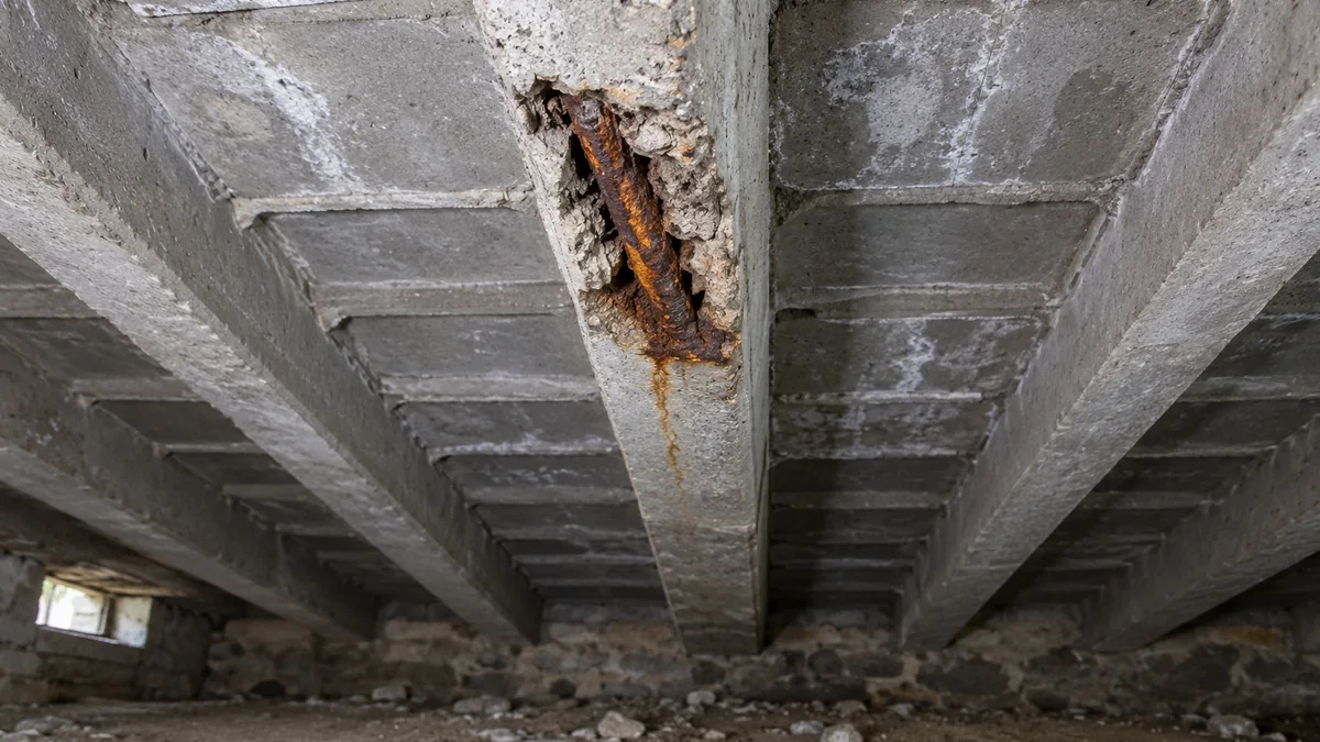 Dessous d'un plancher brut de sous-sol : sous l'une des poutrelles en béton, un éclat s'est détaché sur une trentaine de centimètres et laisse voir une barre d'acier rouillée, avec une coulure brune sur le béton voisin